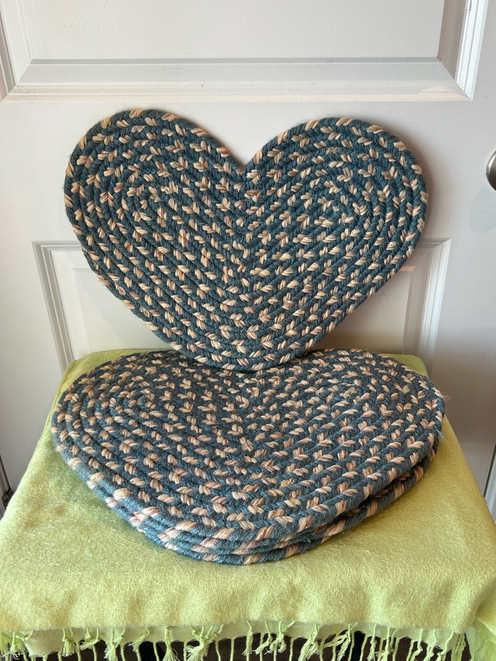 Handwoven Teal and Natural Heart-Shaped Braided Placemat. Set of 5